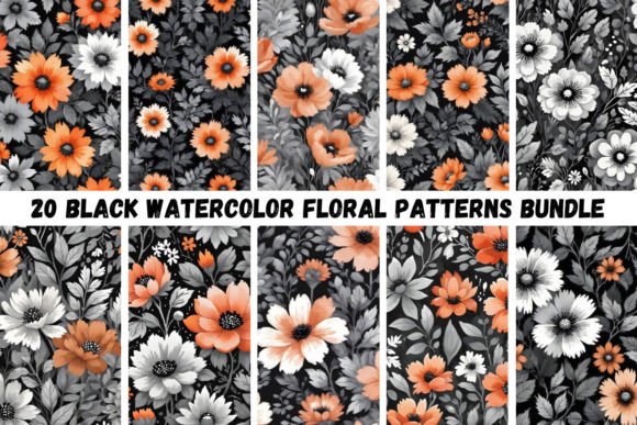 20 Black Watercolor Floral Patterns