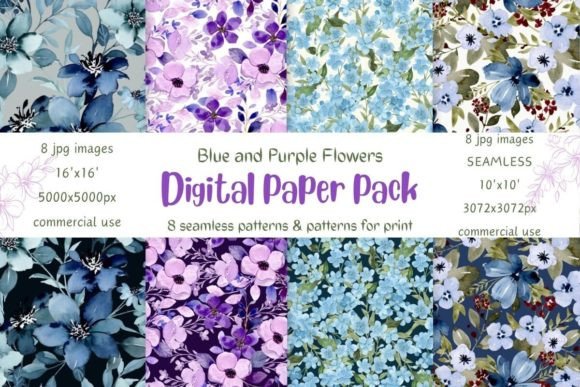 Eight Floral Blue Seamless Patterns for Creators